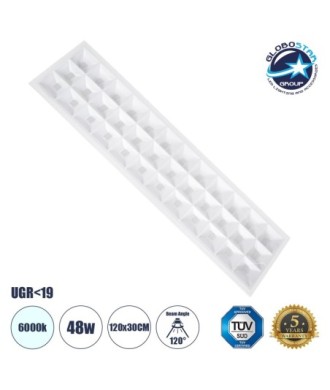 GLOBOSTAR® ZEUS 60971 Χωνευτό Panel Οροφής 120x30 με Anti Glare Reflector LED 48W 7440lm 120° CRI≥85Ra UGR 19 AC 220-240V IP20 Ψυχρό Λευκό 6000K - Lumileds SMD Chip & TÜV SÜD Driver - Λευκό Γαλακτερό - Μ120 x Π30 x Υ3.3cm - Q116 x 26cm - 5 Χρόνια Εγγύηση